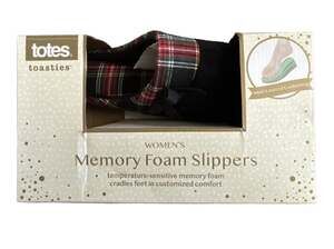 Totes Toasties Women's Memory Foam Slippers Black Plaid Size XL 9-10